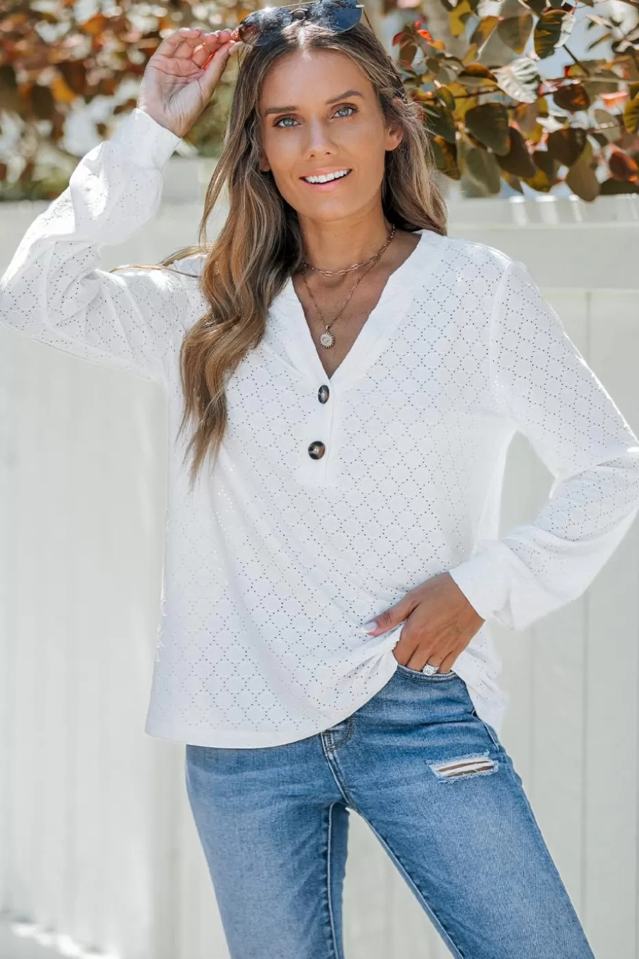 Clearance Cupshe Long Sleeve Front Button Jersey Top White