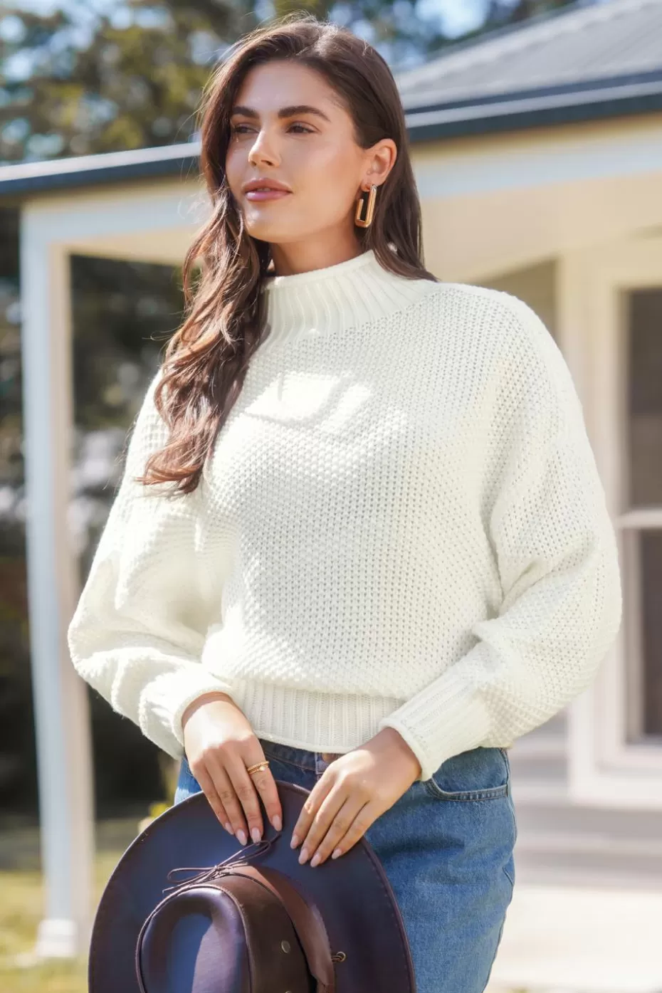 Clearance Cupshe Long Sleeve Mockneck Sweater White
