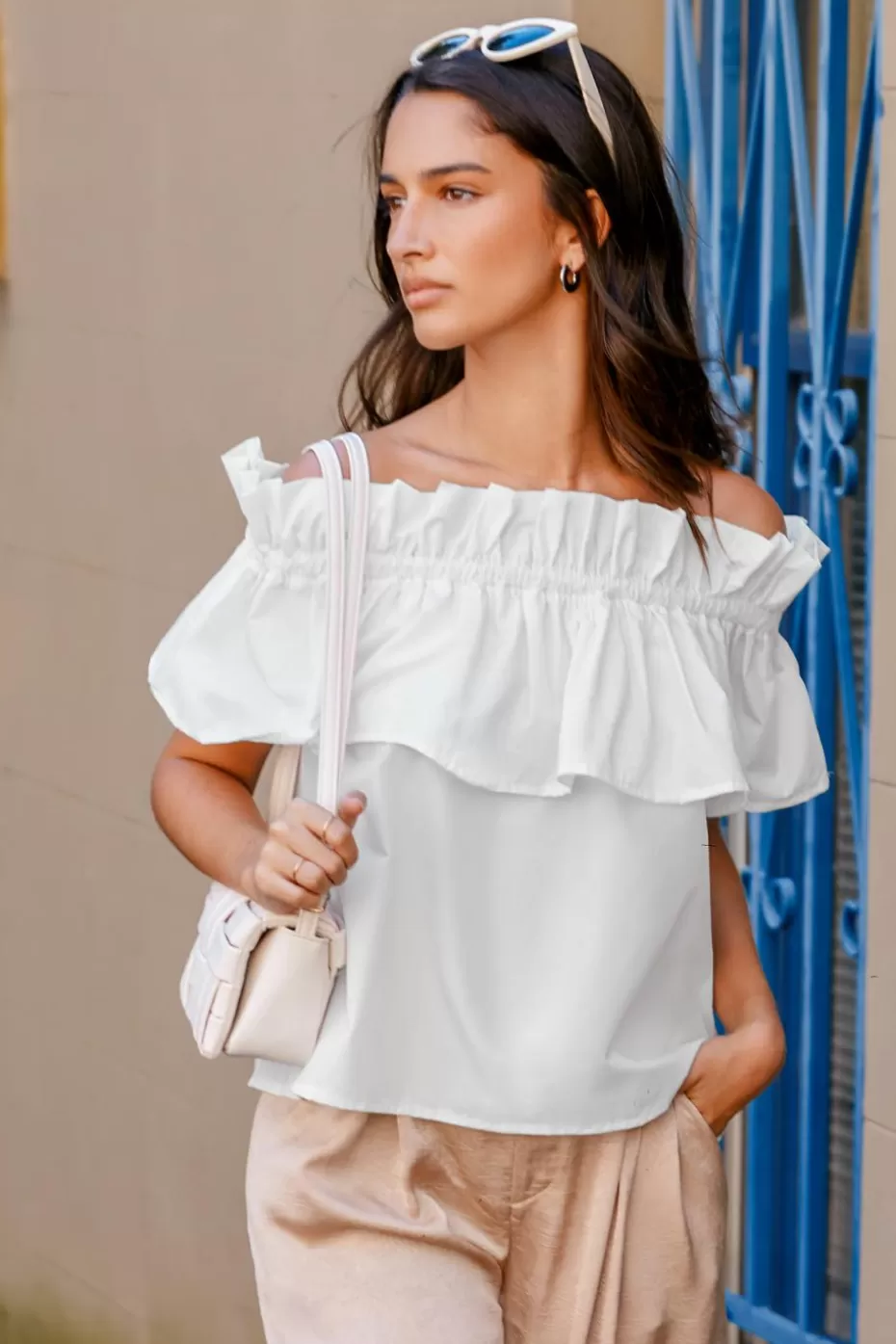 Online Cupshe Off-Shoulder Flounce Bodice Blouse White