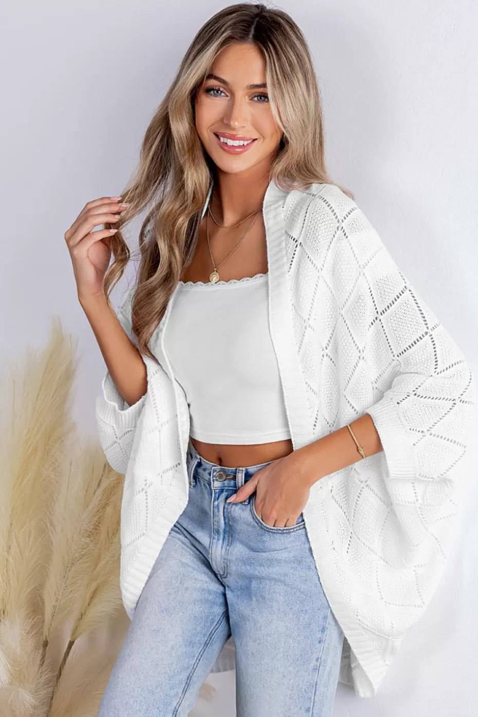Store Cupshe Open Front Dolman Sleeve Knit Cardigan White