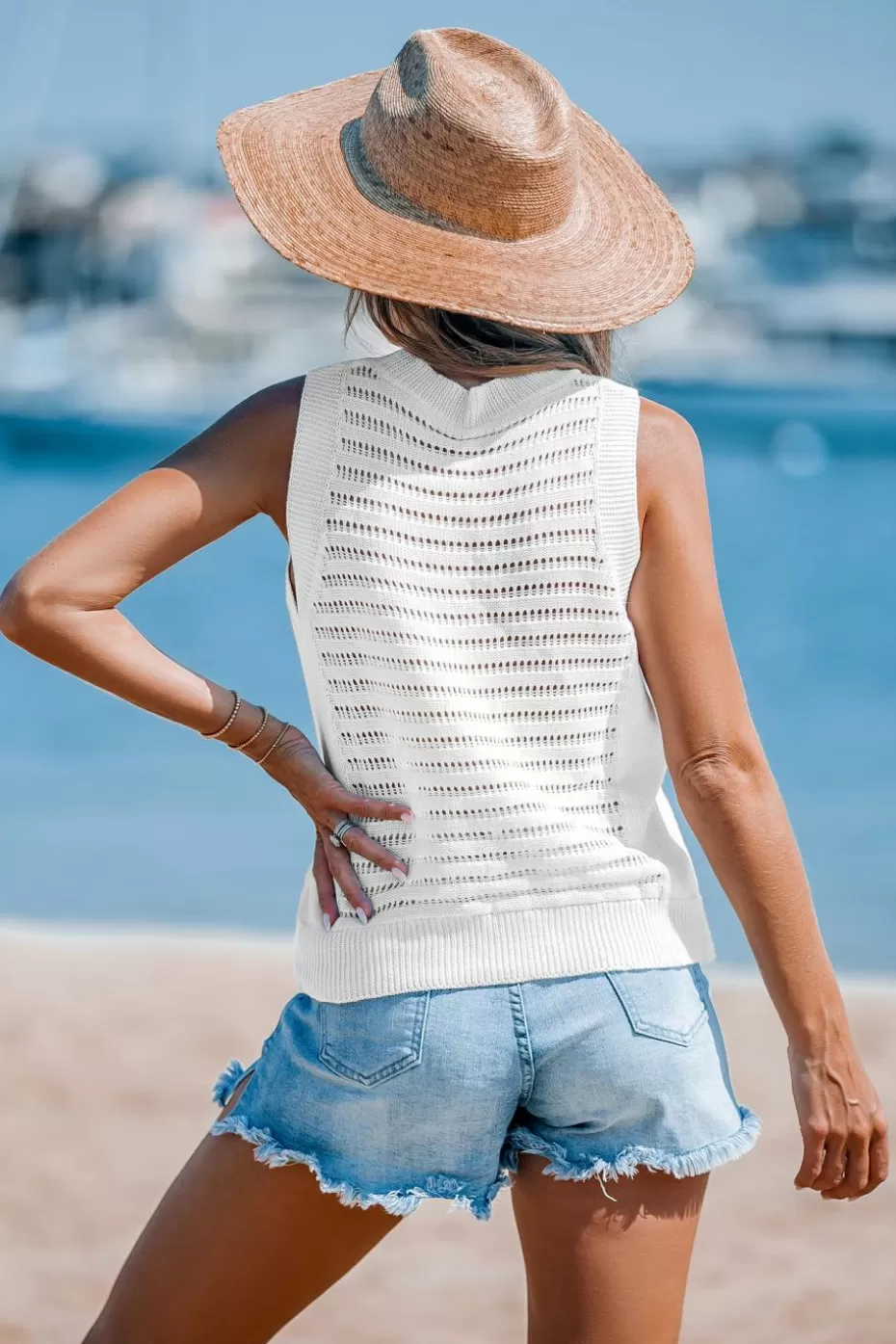 Store Cupshe Open Knit Round Neck Cover-Up Tank White