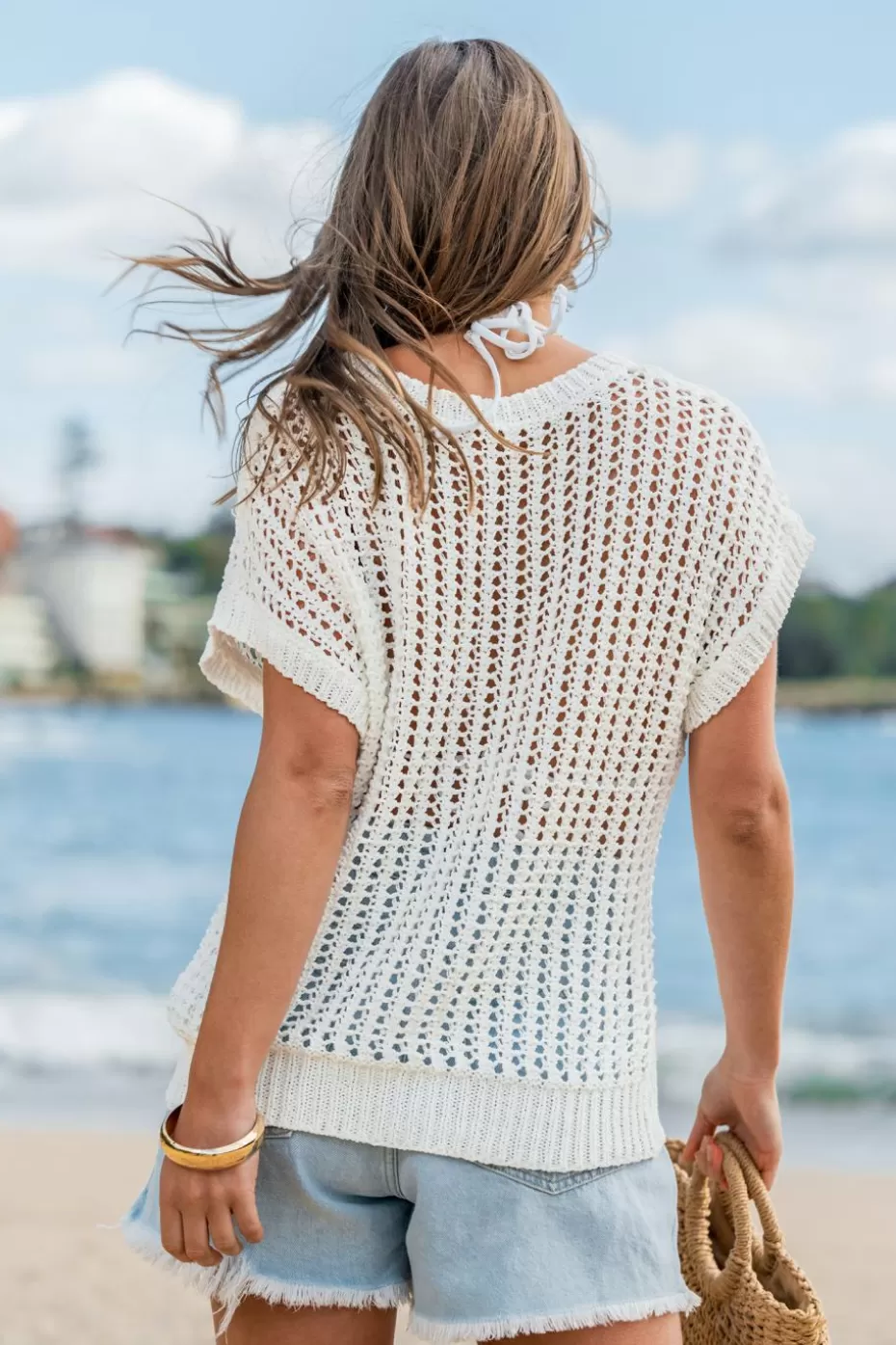 Flash Sale Cupshe Open Knit Short Sleeve Cover-Up Top White