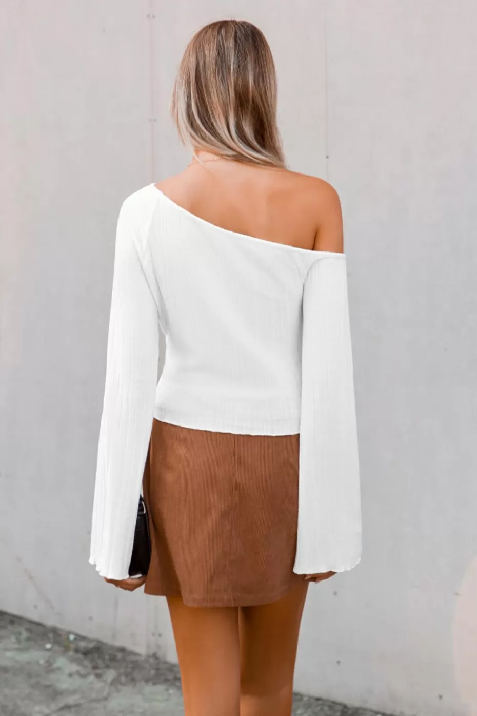 New Cupshe Ribbed Knit Off-Shoulder Long Sleeve Top White