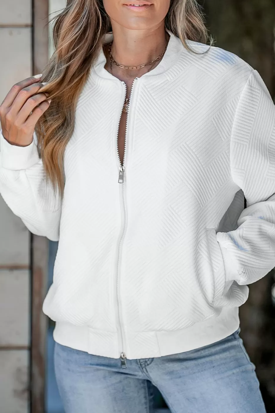 Cheap Cupshe Ribbed Knit Standing Collar Bomber Jacket White