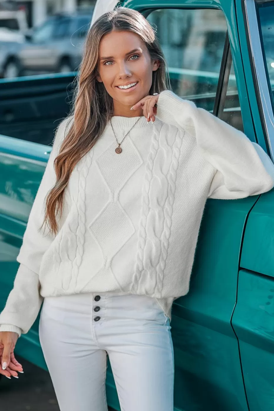Flash Sale Cupshe Round Neck Long Sleeve Cable Knit Sweater Top White