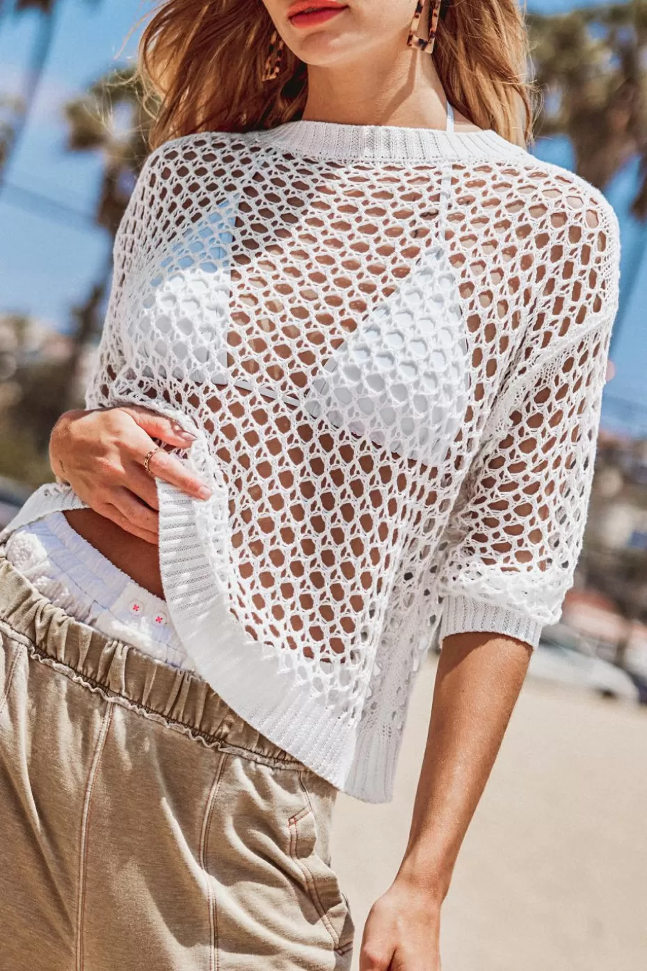Sale Cupshe Round Neck Long Sleeve Crochet Cover-Up White
