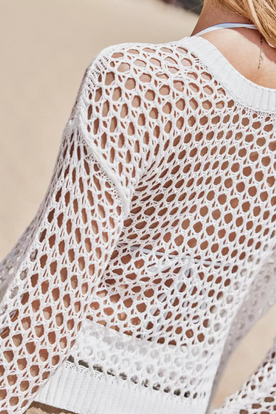 Sale Cupshe Round Neck Long Sleeve Crochet Cover-Up White