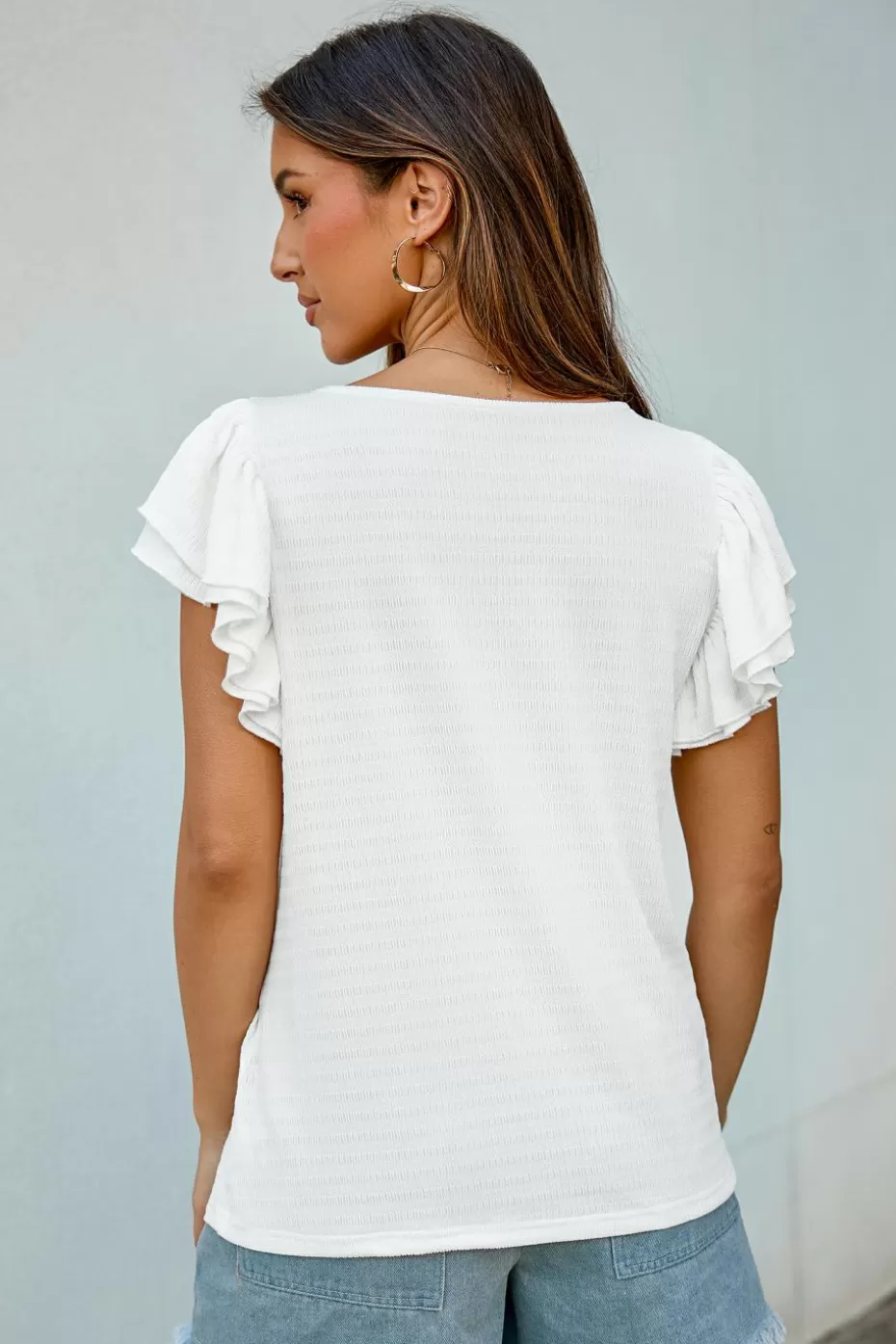 Clearance Cupshe Round Neck Ruffled Sleeve Top White
