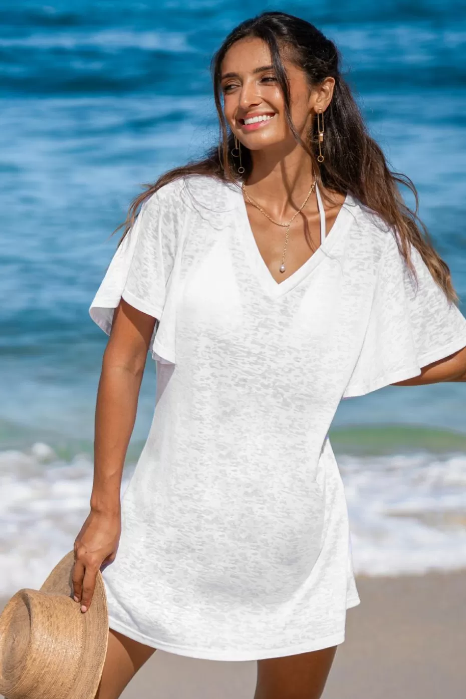 Hot Cupshe Ruffle Sleeve Jersey Cover-Up White