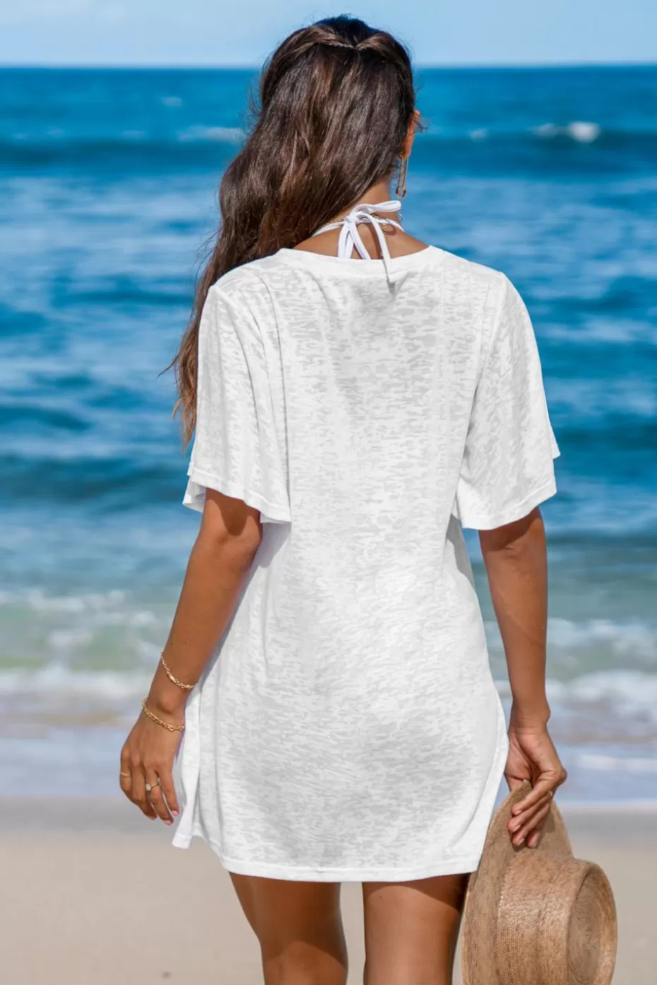 Hot Cupshe Ruffle Sleeve Jersey Cover-Up White