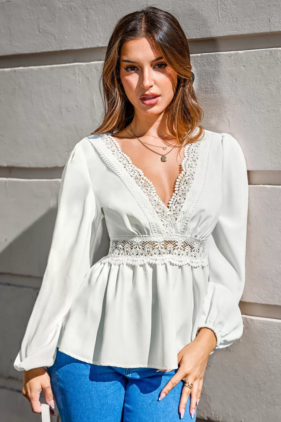 Shop Cupshe Scalloped Lace V-Neck Blouson Sleeve Top White