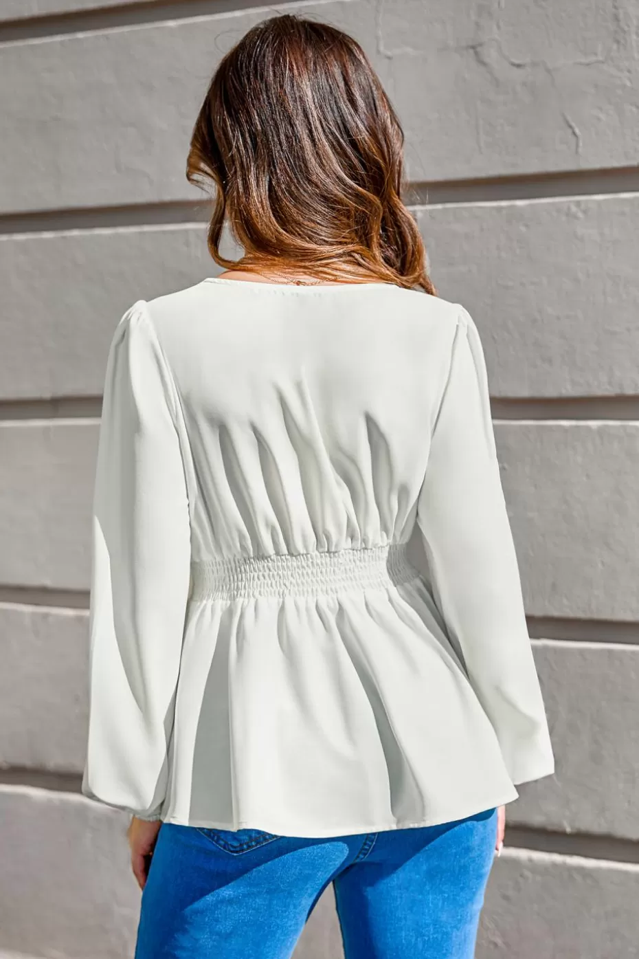 Shop Cupshe Scalloped Lace V-Neck Blouson Sleeve Top White