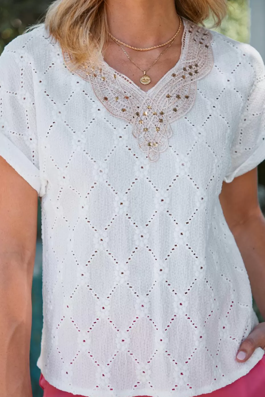 Discount Cupshe Scalloped-V Short Sleeve Eyelet Blouse White