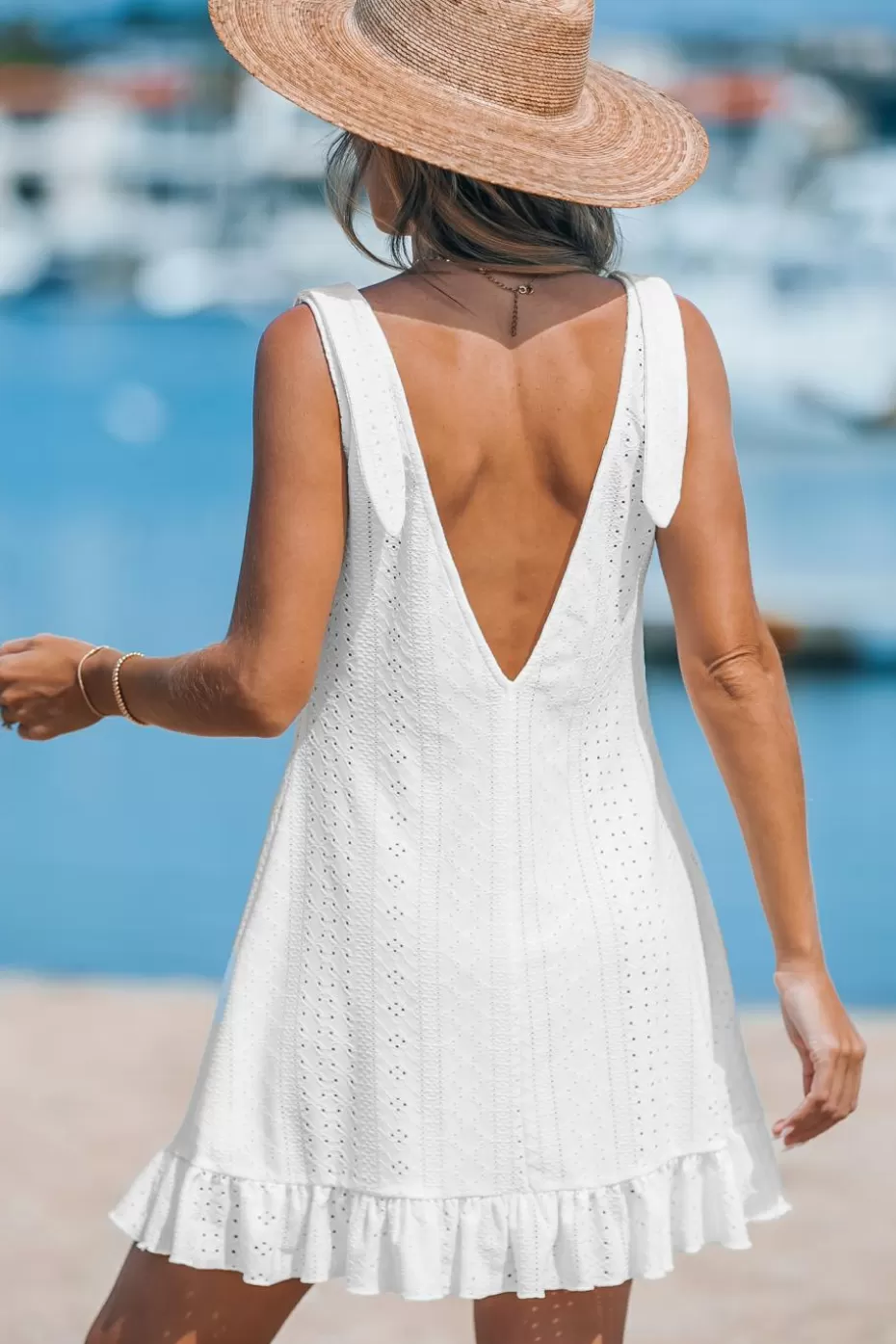 Outlet Cupshe Scoop Neck Shoulder Tie Jersey Eyelet Cover-Up White
