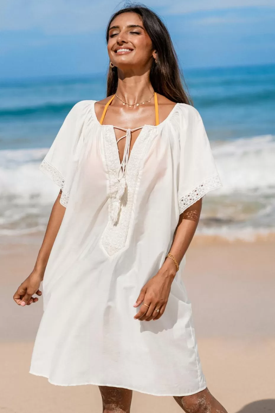Fashion Cupshe Scoop Neck Tassel Tie Cover-Up Dress White