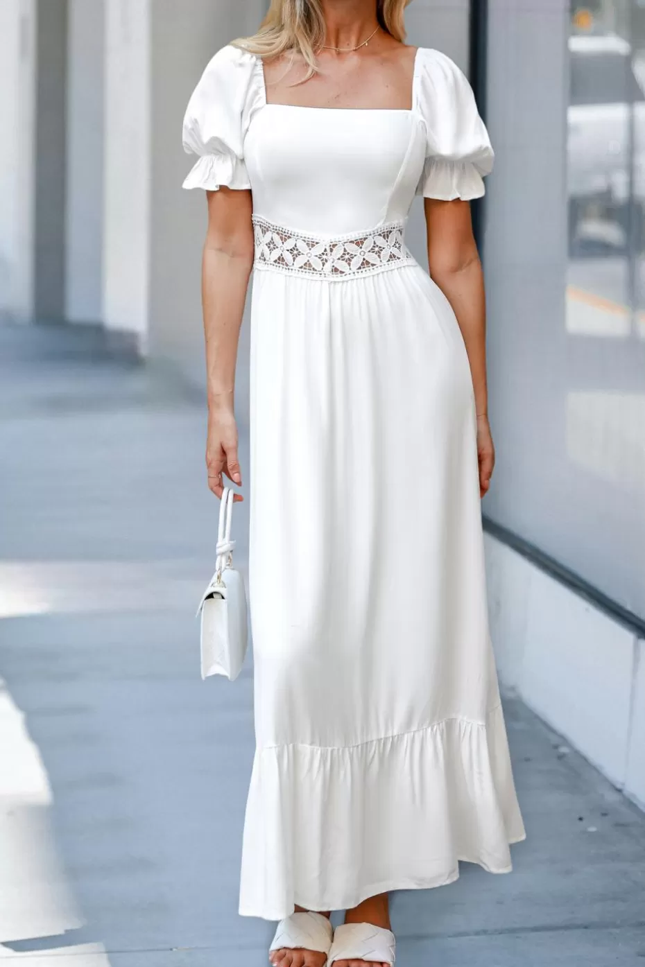 New Cupshe Square Neck Puff Sleeve Maxi Dress White