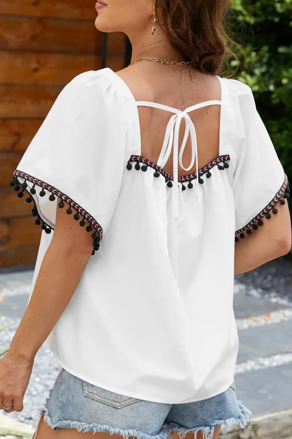Hot Cupshe Square Neck Short Sleeve Pom-Pom Top White
