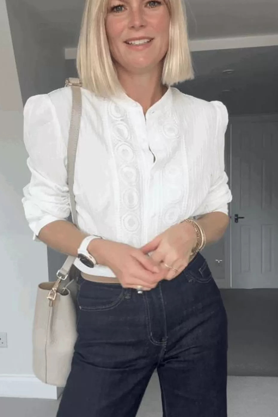 Store Cupshe Standing Collar Puff Shoulder Long Sleeve Blouse White