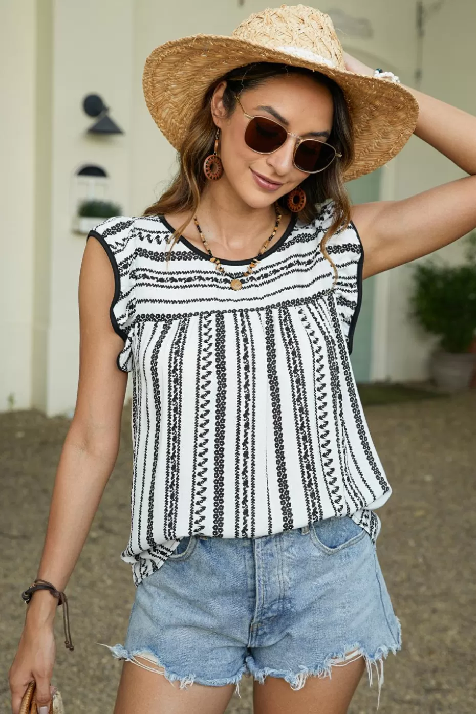 Cheap Cupshe Stripes Round Neck Ruffled Top White