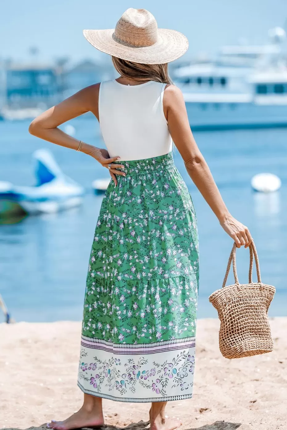Hot Cupshe White Tank Floral Skirt Midi Dress Aqua