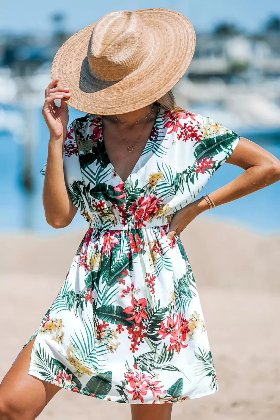 Online Cupshe Tropical Dolman Sleeve Mini Cover-Up White