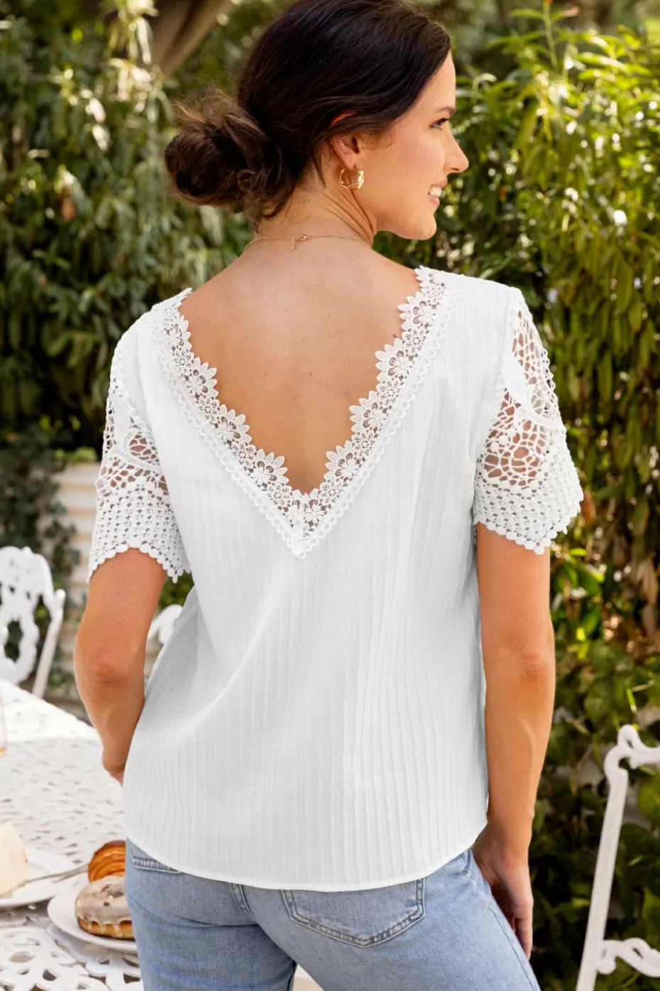 Flash Sale Cupshe V-Neck Lace Sleeve Top White