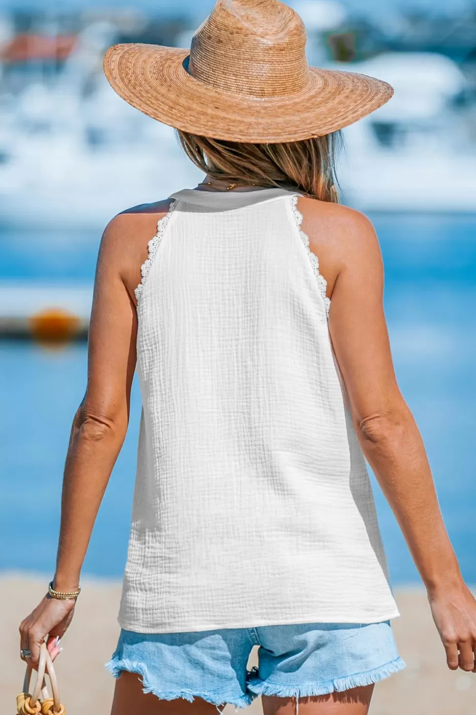 Online Cupshe V-neck Lace Trims Sleeveless Top White