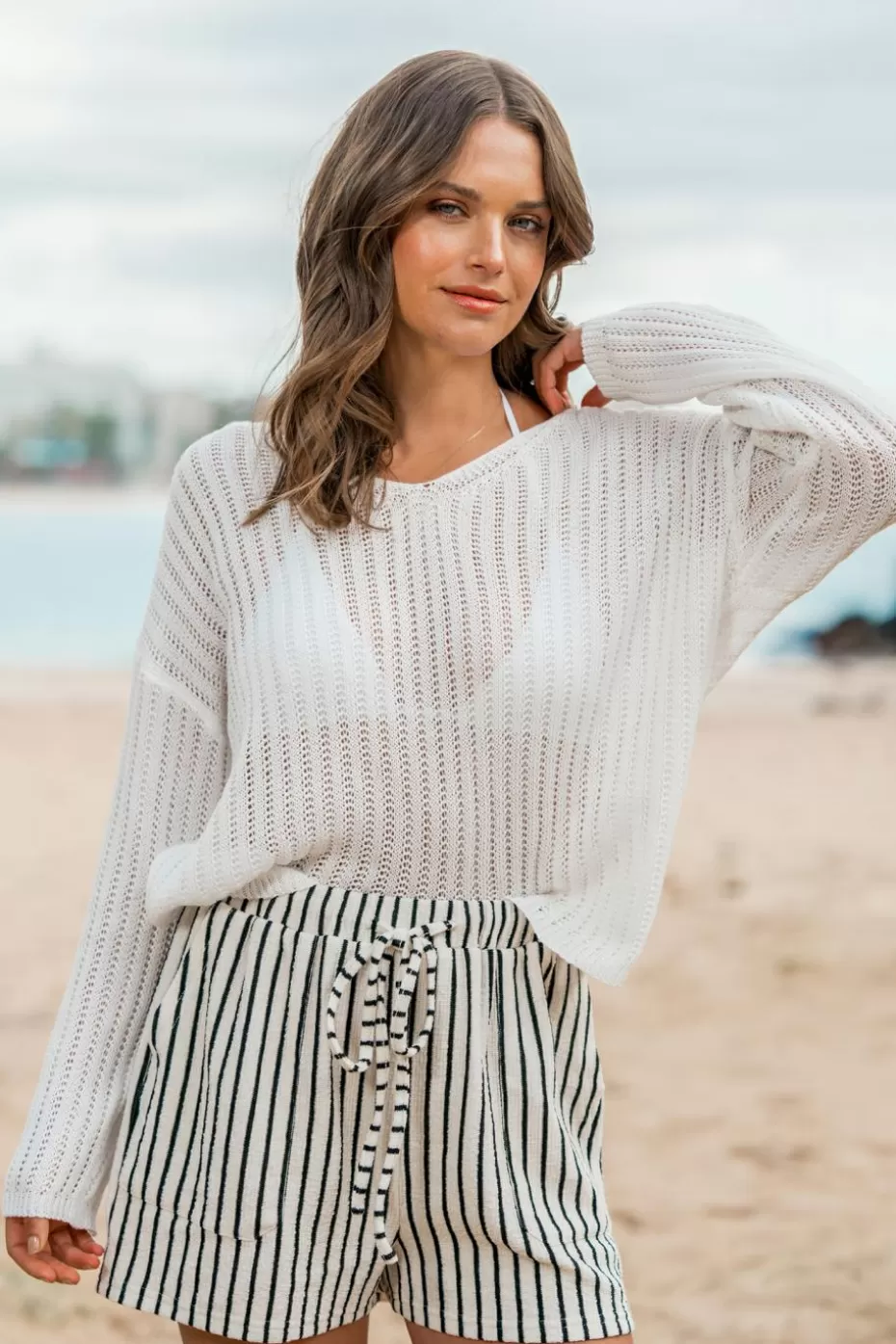 Outlet Cupshe V-Neck Long Sleeve Sweater White