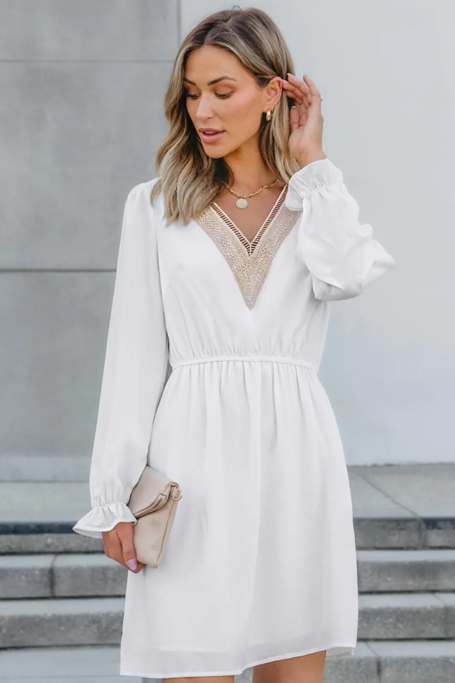 Cheap Cupshe V-Neck Poet Sleeve Cinched Waist Mini Dress White