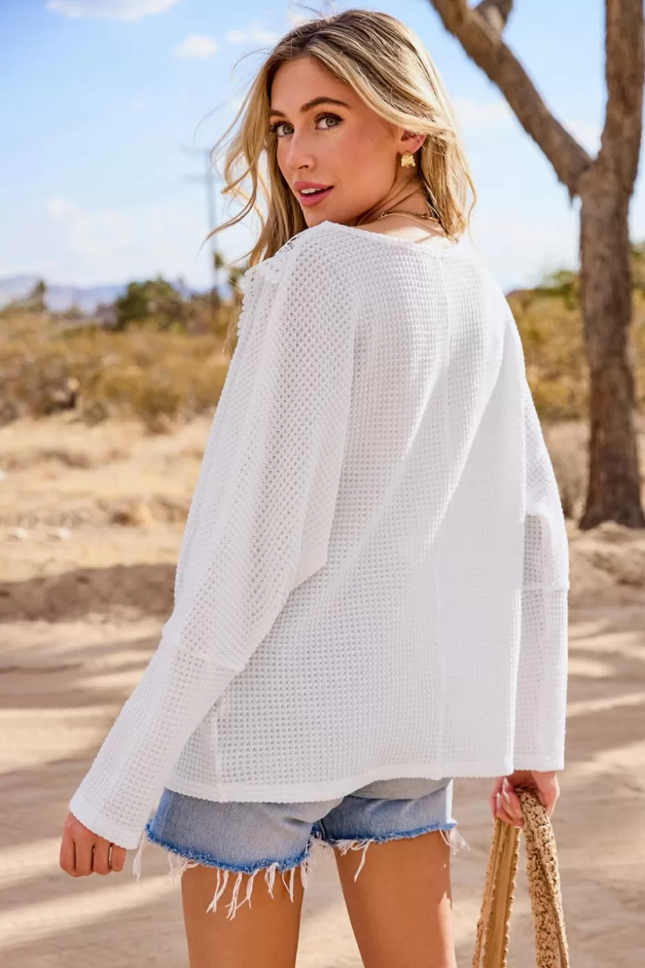Clearance Cupshe Waffle Knit Lace Trim V-Neck Top White
