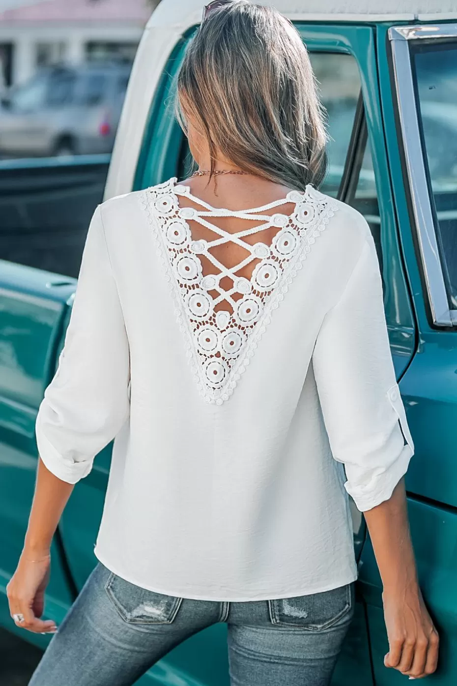 Cheap Cupshe Woven V-Neck Button Tab Sleeve Top White