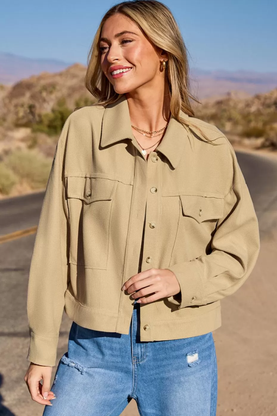 Fashion Cupshe Woven Waffle Collared Button-Up Jacket Khaki