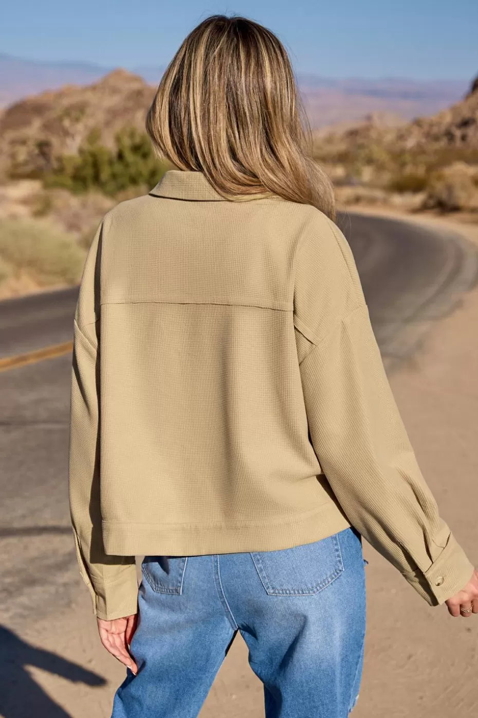 Fashion Cupshe Woven Waffle Collared Button-Up Jacket Khaki