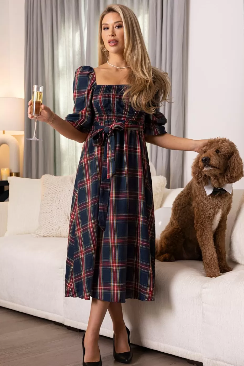 Best Cupshe X Gabby Windey Burgundy Belted Plaid Smocked Maxi Dress Blue