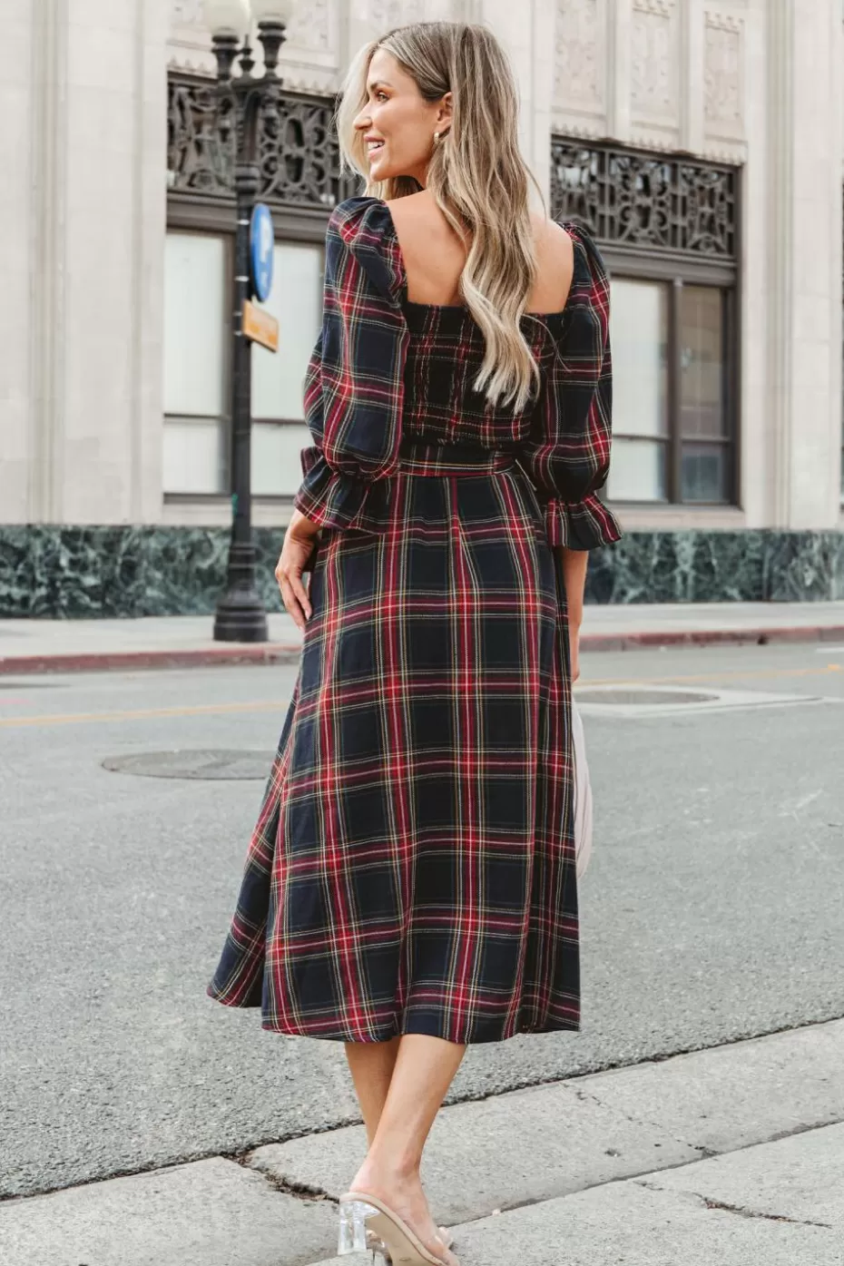 Best Cupshe X Gabby Windey Burgundy Belted Plaid Smocked Maxi Dress Blue