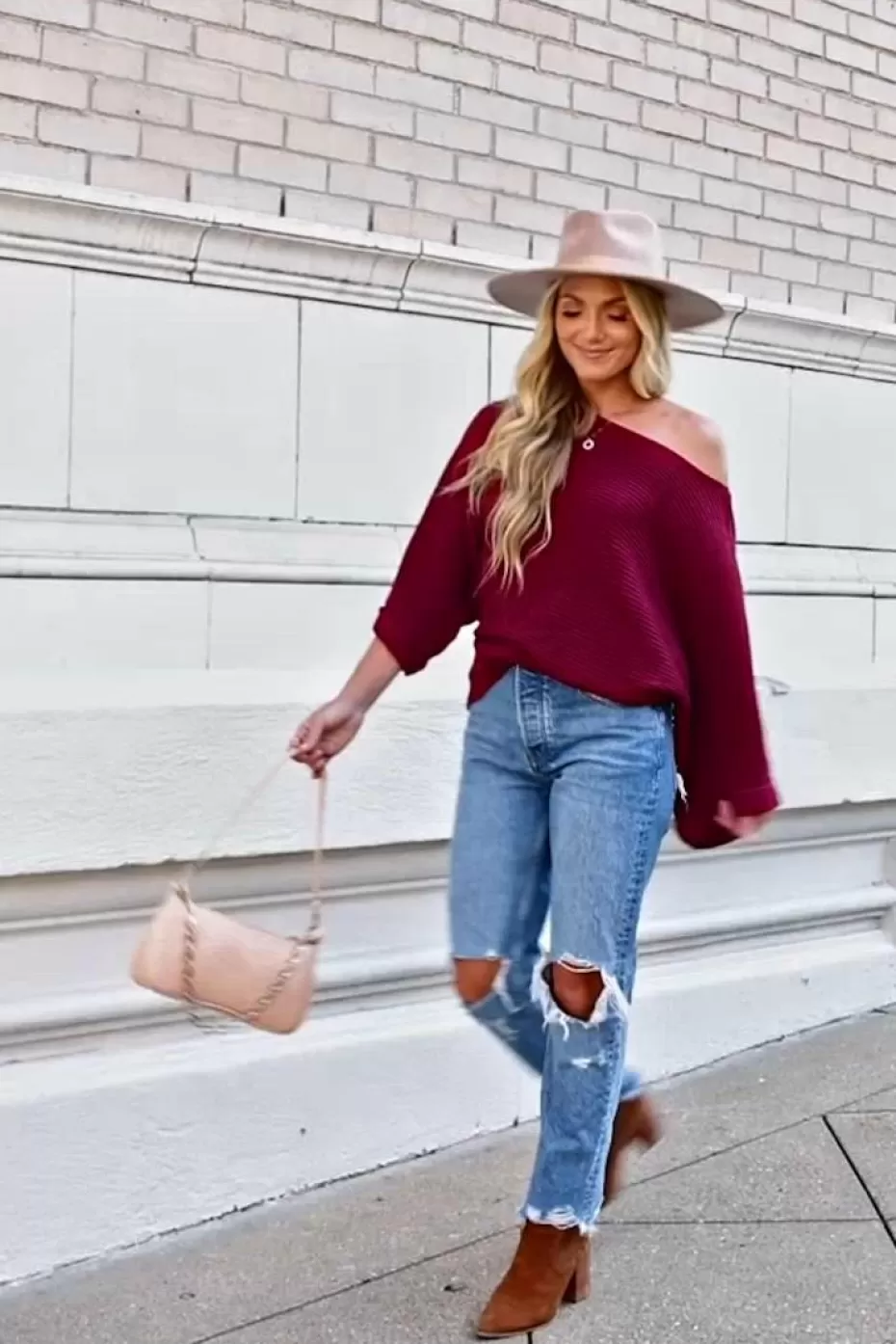 Cheap Cupshe X Savannah Burgundy Rib One-Shoulder Sweaters Red