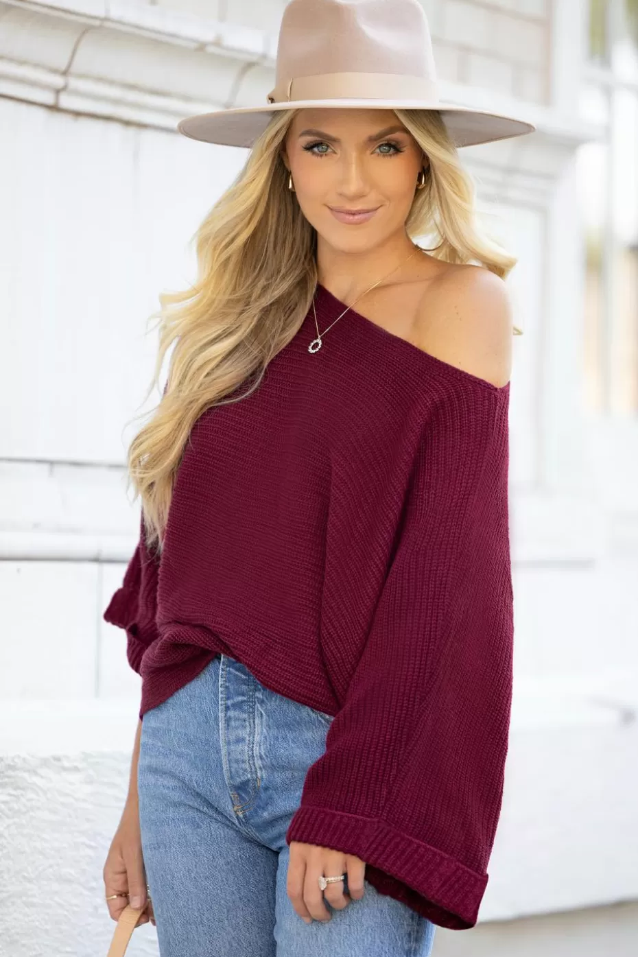 Cheap Cupshe X Savannah Burgundy Rib One-Shoulder Sweaters Red